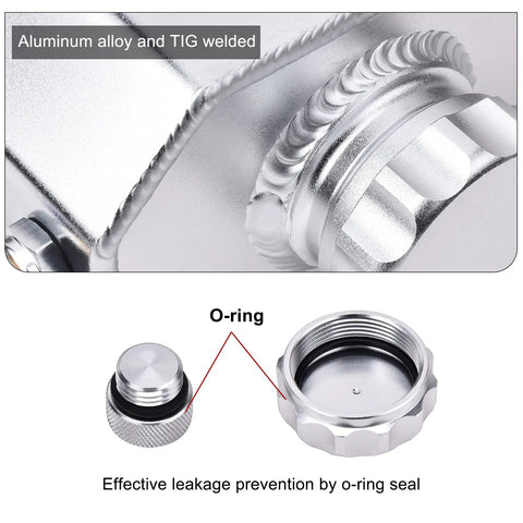 Close-up of Heck Yes Solid Upgrade Aluminum Radiator Coolant Overflow Tank showing TIG welded joints and O-ring seal.