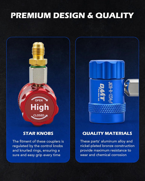 R1234yf Quick Coupler Adapters Set For Automotive Air Conditioning High And Low Pressure Connectors 5 And 6 Ball Quick Couplers Easy Snap Operation Knurled Ring For Secure Grip Leak Free O Ring Seals red and blue aluminum couplers