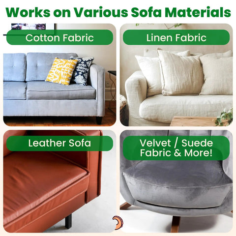 Heavy Duty Hook And Loop Strips Keep Sofa Cushions Locked Where They Go Extra Wide Non Slip Tape shown on various sofa materials.