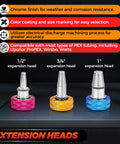 Color-coded expansion heads for Beefed-Up PEX A Expansion Tool Kit With 1/2 Inch, 3/4 Inch, And 1 Inch Expansion Heads.
