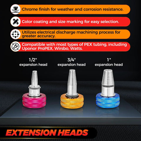 Color-coded expansion heads for Beefed-Up PEX A Expansion Tool Kit With 1/2 Inch, 3/4 Inch, And 1 Inch Expansion Heads.