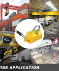 Heavy Duty Magnetic Lifter With Permanent Neodymium Magnets And No Hassle Release Lever, 3 Ton Industrial Lifting Magnet in warehouse setting.