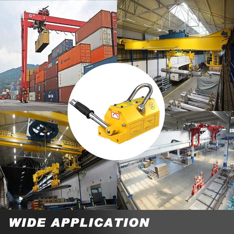 Heavy Duty Magnetic Lifter With Permanent Neodymium Magnets And No Hassle Release Lever, 3 Ton Industrial Lifting Magnet in warehouse setting.