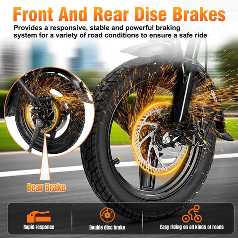 Foldable Electric Bike For Adults And Teens, Hits 23 MPH With Pedal Assist, 38 Mile Range, Powerful 500W Motor, 48V 12Ah Battery, 14 Inch Folding Ebike, 3 Speed Modes, City Commuter Ready front and rear disc brakes on wheel