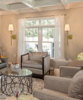 Living room with Battery Operated Wall Sconce Set Of Two With Remote Control, No Wiring Required, gold finish, on each side of window