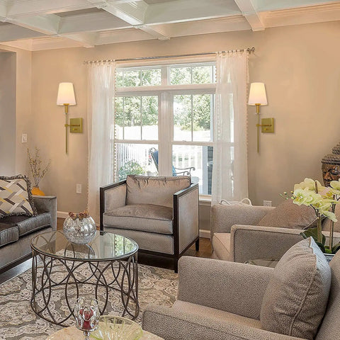 Living room with Battery Operated Wall Sconce Set Of Two With Remote Control, No Wiring Required, gold finish, on each side of window