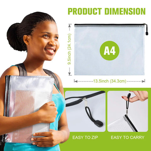 12 Pack Waterproof Zipper File Folders With Tear-Resistant PVC Pouches A4 Document Organizer Bags for School Office Home and Travel