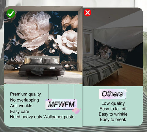 Comparison of dark floral peony wallpaper mural showing premium quality on left and poor quality on right in living rooms.