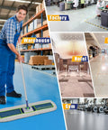 Worker using 41 Inch Wide Industrial Dry Mop For Heavy Duty Cleaning on blue floor with split image of various locations like warehouses, gyms, and hotels.