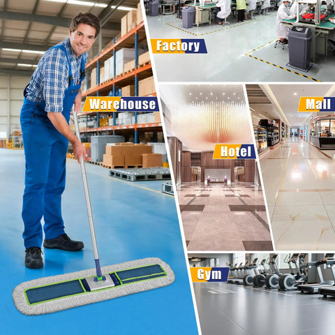 Worker using 41 Inch Wide Industrial Dry Mop For Heavy Duty Cleaning on blue floor with split image of various locations like warehouses, gyms, and hotels.