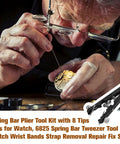 Watchmaker using Pro Grade Spring Bar Plier Tool Kit With 10 Tips And Pins For Quick Watch Band Removal And Strap Repair