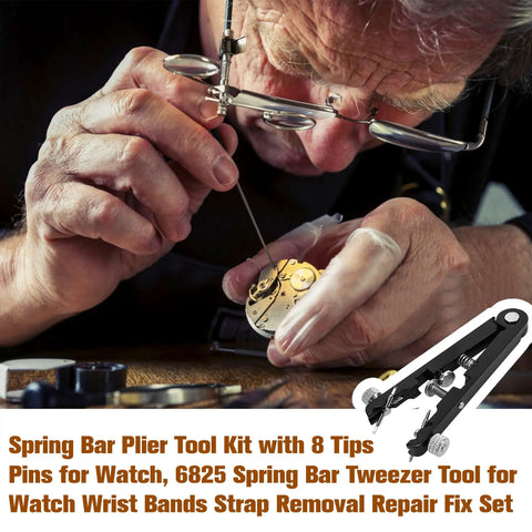 Watchmaker using Pro Grade Spring Bar Plier Tool Kit With 10 Tips And Pins For Quick Watch Band Removal And Strap Repair