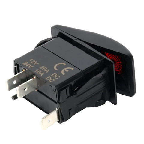 12V 20A Waterproof LED On Off Rocker Switch For Boats Marine SPST 3-Terminal With Red Illumination, showing terminals and rubberized body