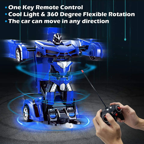 2 In 1 Transform RC Car Robot With Lights, 1:18 Scale, Remote, showing robot mode with controller, blue, 360 Degree Rotation