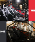 Before and after images of a UTV interior with Rechargeable UTV Dome Light For Roll Bar Mount, USB Charging Interior Work Light, Fits 1.5 To 2.0 Inch Bars, Built Tough For Polaris RZR Can Am Talon Kawasaki Golf Cart Boat Off Road.