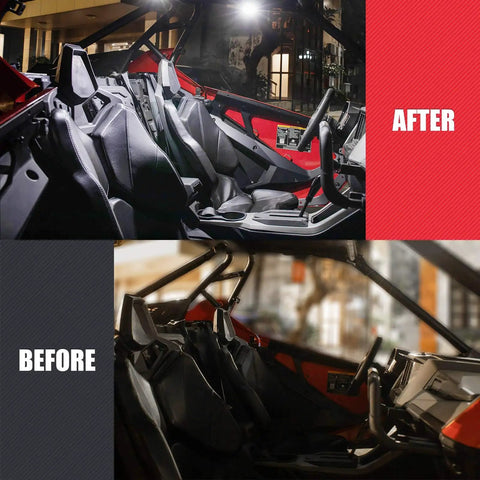 Before and after images of a UTV interior with Rechargeable UTV Dome Light For Roll Bar Mount, USB Charging Interior Work Light, Fits 1.5 To 2.0 Inch Bars, Built Tough For Polaris RZR Can Am Talon Kawasaki Golf Cart Boat Off Road.