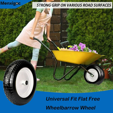 Person pushing wheelbarrow with Flat Free Wheelbarrow Tire And Wheel 14.5 Inch 4.80/4.00-8 With 5/8 Bore on grass