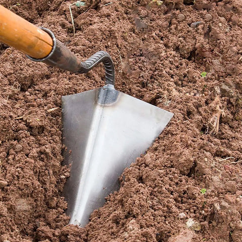 Triangle Hoe Digger Garden Tool Set For Weeding, Planting, And Ditch Digging in soil with wooden handle and iron head