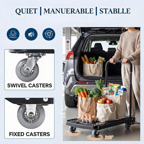 Heavy Duty Folding Platform Cart With Four 360 Degree Swivel Wheels 330 Lb Capacity Non Slip Deck Collapsible Handle For Easy Storage A Real Workhorse For Warehouse Or Home Use with groceries in car trunk