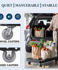 Heavy Duty Folding Hand Truck Workhorse With 330 Lbs Capacity 4 Wheel Dolly Cart For Home Office Shopping And Garage Hauling Compact Foldable Design With Sturdy Black Frame For Easy Storage with groceries in SUV, swivel and fixed casters