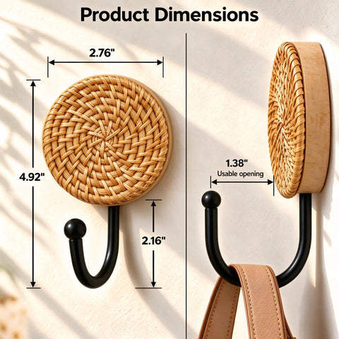 Four Pack Slick Boho Wall Hooks Decorative Wide Opening Coat Rack For Towels Backpacks And Purses With Rock Solid Screw Mount Heavy Duty Home Storage For Keys Jewelry And Everyday Carry, showing product dimensions and usable opening.