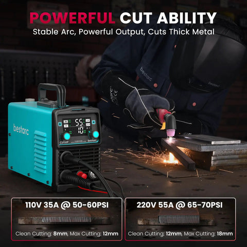 55A Dual Voltage Plasma Cutter With Pilot Arc, 110 220V, cutting metal with pilot arc, ideal for home shop and metal projects