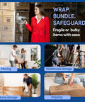 Collage showcasing uses of Beefy 18 Inch Stretch Film Wrap 1500 Feet, 4 Pack With Tension Handles, 20 Micron Thick Industrial Grade Clear Plastic for moving and storage.