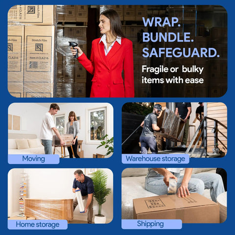 Collage showcasing uses of Beefy 18 Inch Stretch Film Wrap 1500 Feet, 4 Pack With Tension Handles, 20 Micron Thick Industrial Grade Clear Plastic for moving and storage.