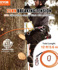 Climber using Heavy Duty Steel Core Arborist Flipline Half Inch By Twelve Foot Tree Climbing Rope With Alloy Steel Snap Hook Aluminum Carabiner Extra Tool Lanyard Pro Grade Fall Protection For Climbers ANSI Compliant for tree work.
