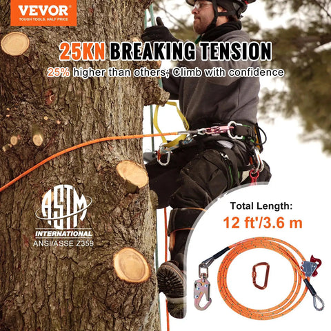 Climber using Heavy Duty Steel Core Arborist Flipline Half Inch By Twelve Foot Tree Climbing Rope With Alloy Steel Snap Hook Aluminum Carabiner Extra Tool Lanyard Pro Grade Fall Protection For Climbers ANSI Compliant for tree work.