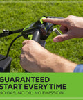 Person starting All In One 48V Battery Powered Self Propelled Lawn Mower Bundle With 21 Inch Steel Deck Mulching Rear Bagging