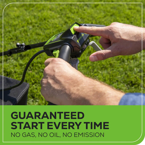 Person starting All In One 48V Battery Powered Self Propelled Lawn Mower Bundle With 21 Inch Steel Deck Mulching Rear Bagging