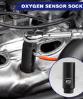 6 Piece O2 Oxygen Sensor Socket Set With 3/8 And 1/2 Inch Drive in use with 7/8 Inch (22mm) socket on engine component
