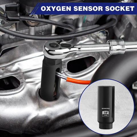 7Pc O2 Oxygen Sensor Socket Set for Auto Repairs, Includes Three Eighth Inch and One Half Inch Drive Sockets, close-up view
