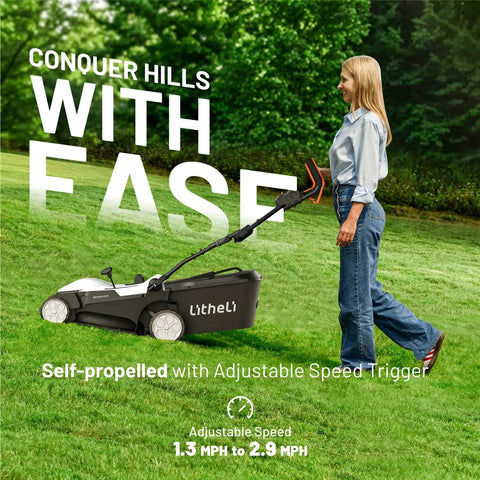 18 Inch Electric Self Propelled Cordless Lawn Mower With Brushless Motor, Lightweight Yard Workhorse No Fuss, 6 Height Settings From 0.98 To 2.95 Inches, Dual 20V 4.0Ah Batteries Included, Easy Start, Low Maintenance Lawn Care, woman mowing sloped lawn