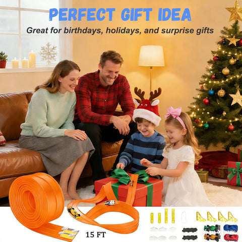 Family enjoying Totally Flexible 15 Foot Race Track Set For Kids 3 Plus Bendable Car Ramp Track With Suction Cups gift