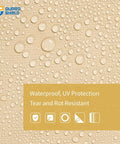 Close-up of Beige 12x20 Ft Heavy Duty Waterproof Tarp With Grommets Every 3 Ft, 10 Mil Woven Polyethylene, water droplets visible.