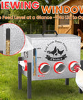 Built Tough 10 Gallon Metal Automatic Chicken Feeder With Eight Wide Ports And A Clear Acrylic Sight Window, showing feed level through clear window.