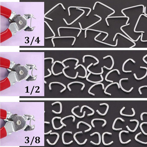 360 Piece Galvanized Hog Ring Kit With Angled Pliers For Upholstery Includes Three Quarter Inch, One Half Inch, And Three Eighths Inch Rings Pro DIY Installation Kit For Bungee Cords And Cushions, showing different ring sizes with pliers.