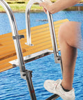 Detail of Badass 4 Step Telescoping Dock Ladder For Pontoon Boats And Yachts, showing stainless steel handrail and wooden step.