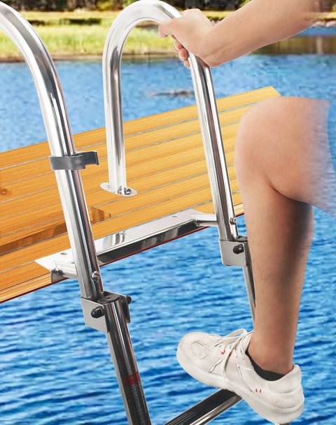 Detail of Badass 4 Step Telescoping Dock Ladder For Pontoon Boats And Yachts, showing stainless steel handrail and wooden step.
