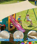 Built Tough Waterproof Shade Sail In Custom Sizes 12 By 16 Feet Rectangle For Patio Backyard And Pergola 220 GSM Sun Shade With 95 Percent UV Block And PU Coated Polyester installed over a playground.