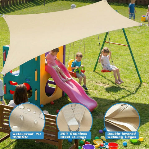 Built Tough Waterproof Shade Sail In Custom Sizes 12 By 16 Feet Rectangle For Patio Backyard And Pergola 220 GSM Sun Shade With 95 Percent UV Block And PU Coated Polyester installed over a playground.