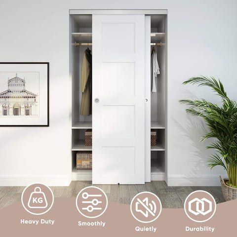 Heavy Duty 48 Inch Aluminum Bypass Sliding Closet Door Hardware Kit With Finger Pull For Two Door System installed in closet