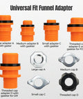 Universal Fit Funnel Adapter set showing large, medium, and small adaptors with gaskets for coolant systems.