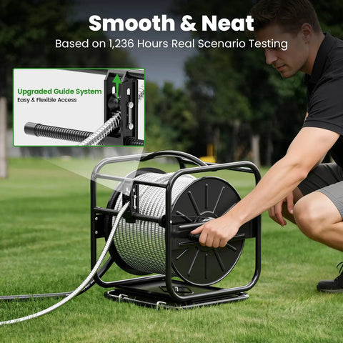 Garden Hose Reel With 360 Degree Swivel Base Holds 100 To 200 Ft Hoses Upgraded Guide System Includes 5/8 Inch By 6 Foot Leader Hose