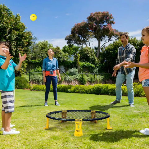 Family playing with Easy Setup Roundnet Game Set With Patented Net Includes Two Balls For Beach, Lawn, Or Backyard Fun Durable Elastic Net