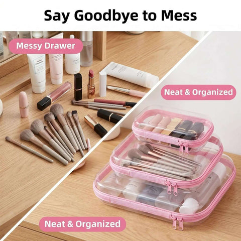 Clear Hard Shell Makeup Pouch Set displayed with messy drawer vs organized cosmetics in durable PET clutches.