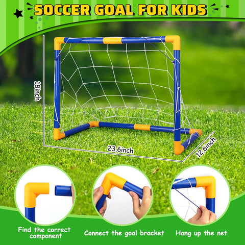 Mini Soccer Goal Set With Three Balls And Pump For Kids, Portable Backyard And Indoor Outdoor Soccer Training Gear, Easy Setup For Toddlers And Kids, Great Gift For Boys And Girls, 23 Inches Wide By 18 Inches High displayed outdoors