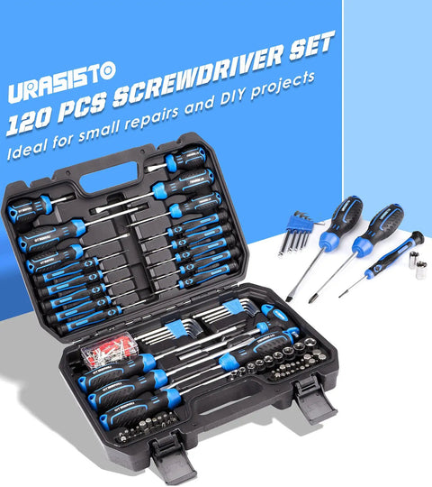 Open 120 Piece Magnetic Screwdriver Set with Sockets Slotted Phillips Hex Torx and Precision Drivers for Home Repair and DIY Projects